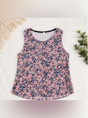 Floral Sleeveless Blouse 1XL | Soft Stretch Boutique Top Pink Blue Casual Chic